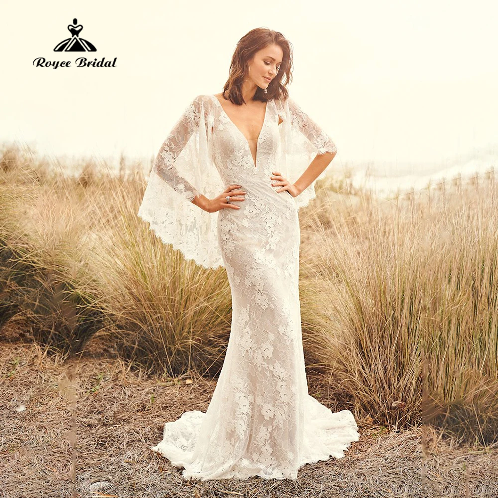 Vestidos de novia de sirena con mangas de murciélago, ropa de boda bohemia de encaje, Sexy, con cuello en V, gran oferta