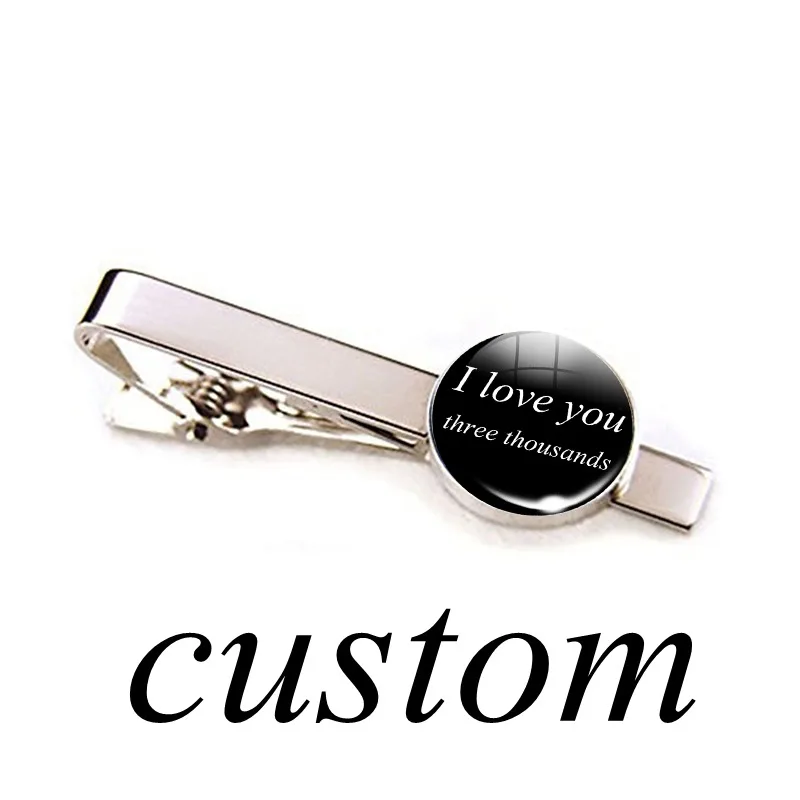 1pc Custom Photo Text Glass Cabochon Tie Clip for Men Silver Color Metal Tie Clamp Pins Father Husband Customize Gifts