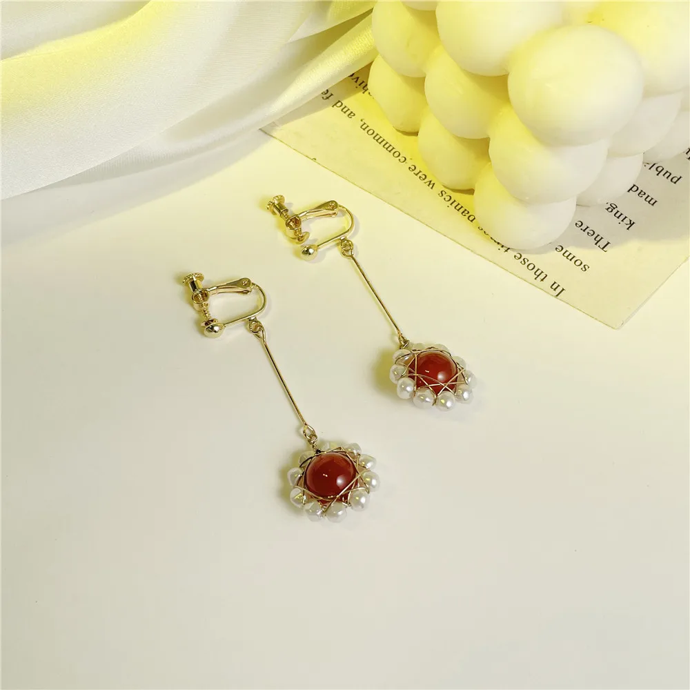 Korean version of pearl red agate long earrings ear clips without pierced earrings temperament all-match earrings earrings high