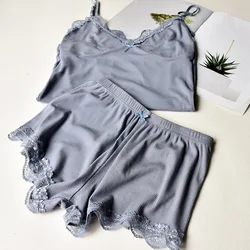 Conjunto pijama de algodão para mulheres, top e shorts sexy com renda, spaghetti strap sleepwear, roupas elásticas altas, 2 peças