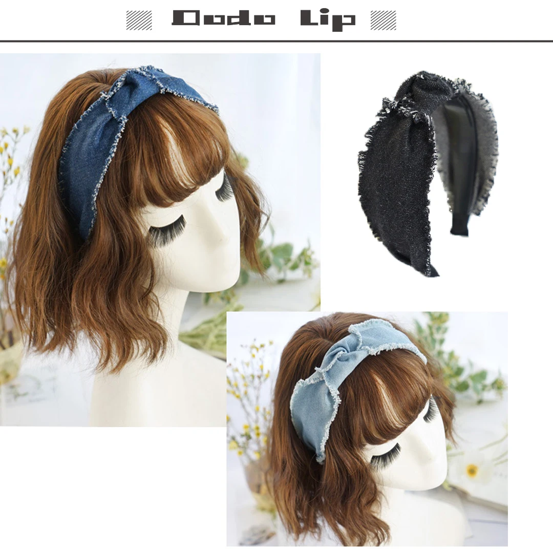 Retro Rough Knotted Edge Denim  Jeans Headband Toothed Non-slip Female Outside Headband Blue Hair Bezel Turban Hair Accessories