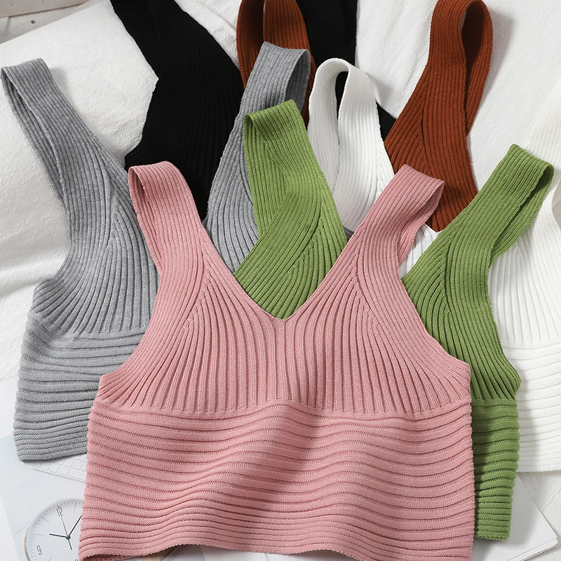 

Pearl Diary Women Summer Knitted Tank Tops Rib Plain Color Cropped Tops Casual Korean Styles Going Out Sweet Strappy Tops