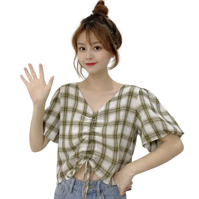 Plaid Shirt Women Drawstring Puff Sleeve Short Sleeve V-neck Short Cut Belly Button Summer Blouses