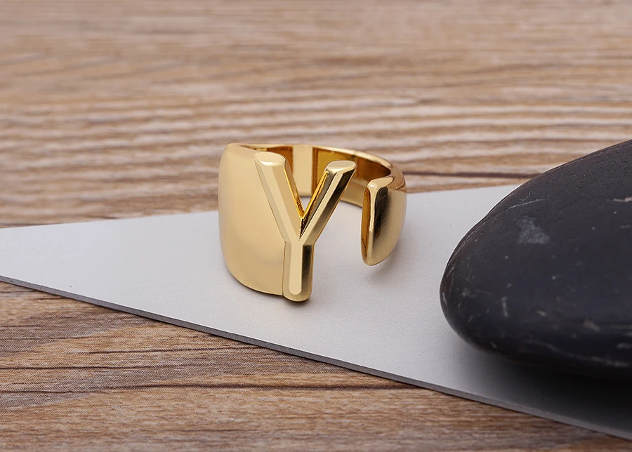 Trendy Hollow A-Z Letter Gold Color Adjustable Opening Ring Initials Name Alphabet Female Chunky Wide Party Wedding Jewelry
