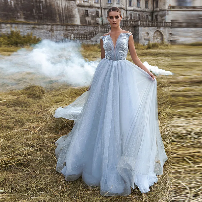 Robe de mariée de princesse bleu poussiéreux, paillettes, dos nu, avec des Appliques en dentelle, ligne a, Court, Train, sans manches, col en v, robes de fête, nouvelle collection