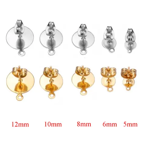 30pcs/lot 5/6/8/10/12mm Stainless Steel Blank Earring Studs Post Pins with Loop Flat Round Tray Base Ear For DIY Jewelry Making