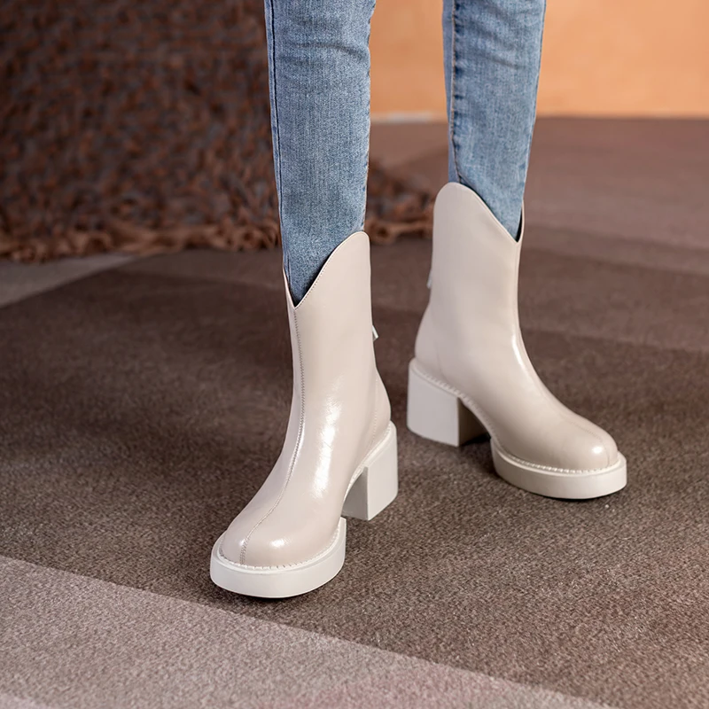 2022 Winter New Women Boots Women Shoes Round Toe Square Heel Real Wool Thick Heel Short Boots Solid Color Womens Platform Heels