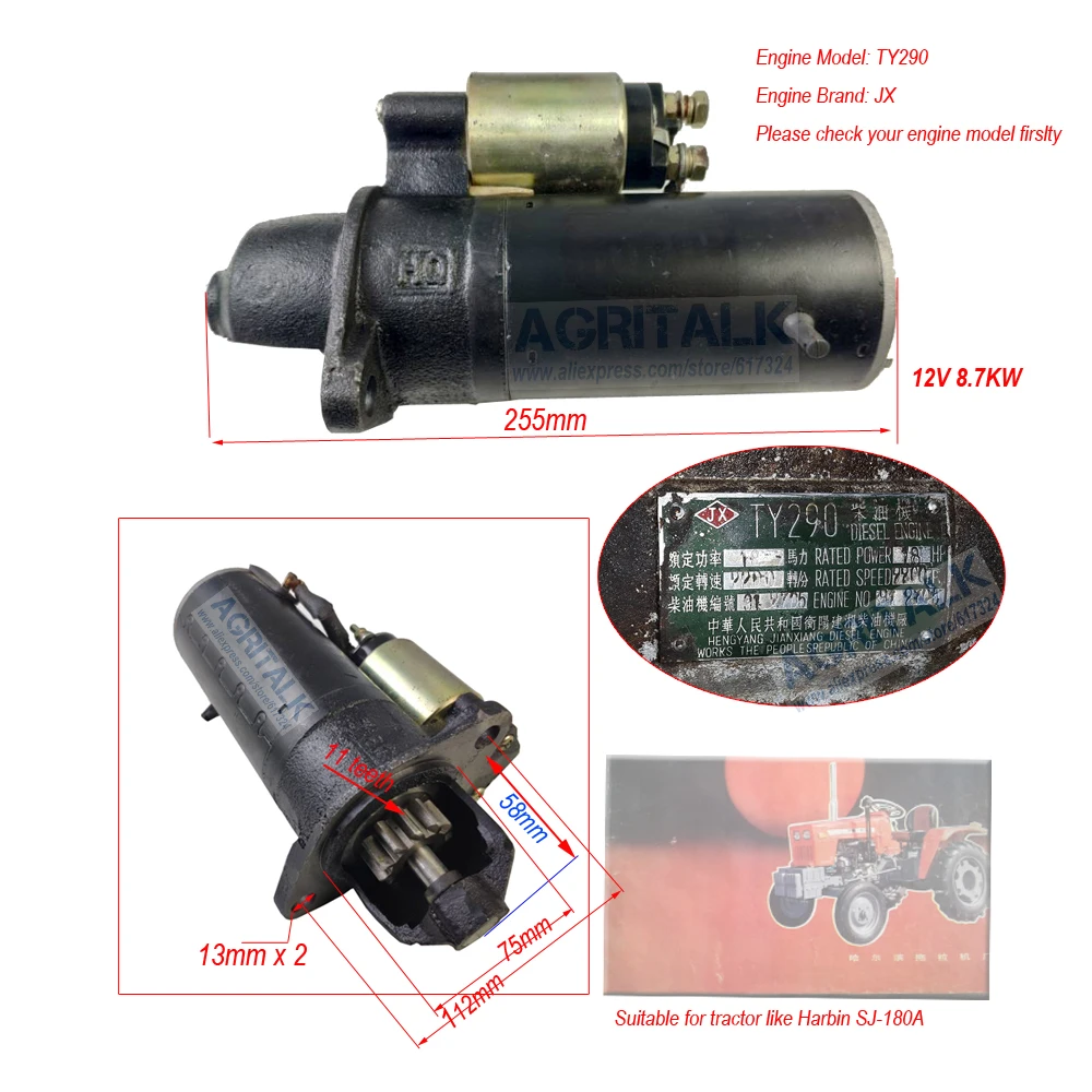 Starter motor for Xinxiang TY290X/TY295X for Jinma tractor ; Jianxiang JX brand engine TY290/TY295 for tractor like SJ-180A,