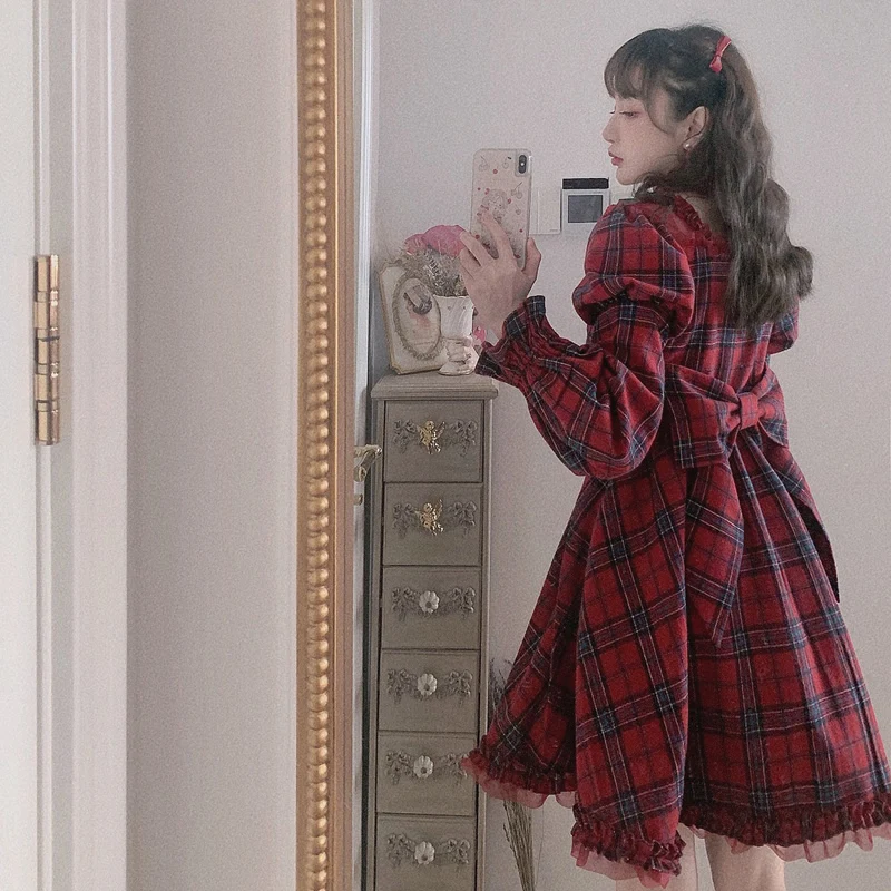 Princess sweet lolita dress Bobon21 Japanese sweet soft sister vintage dress Christmas Red Plaid Bow Dress fashion women D1828