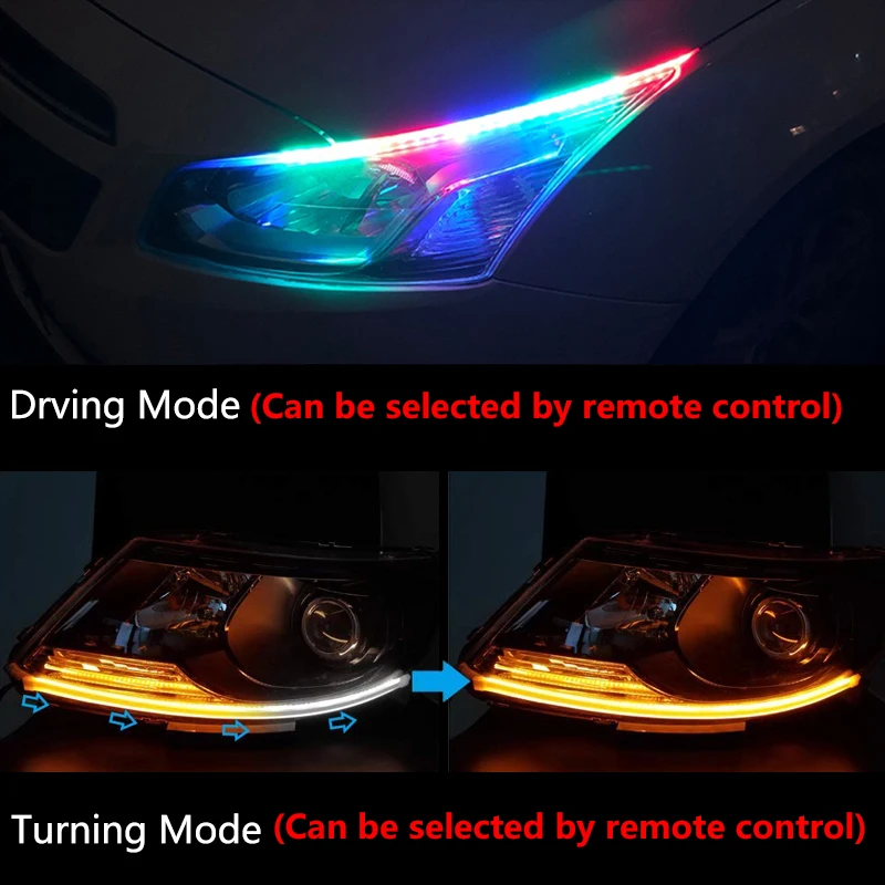 Car Sequential Flowing RGB Daytime Running Light DRL Remote/APP Multi Color LED Strip Turn Signal Lights For Headlight