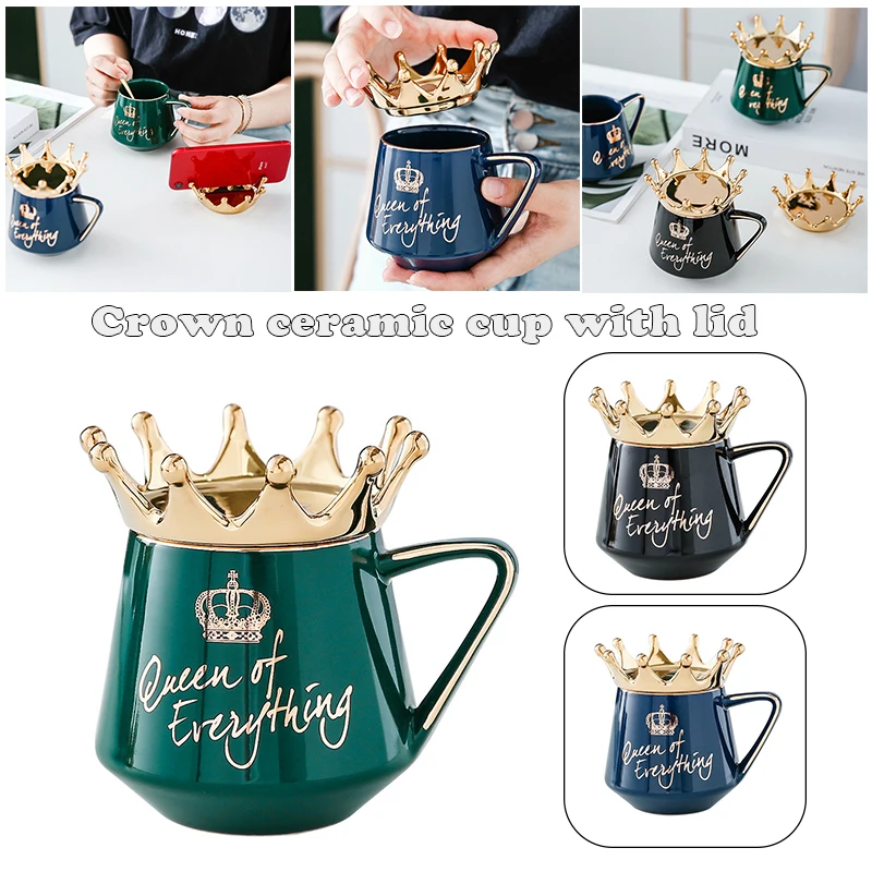 Rei rainha coroa design caneca com tampa da coroa e colher cerâmica xícara de café presente para namorada esposa entrega rápida