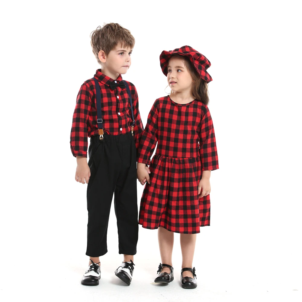 top and top Autumn Winter Brother and Sister Plaid Matching Outfits,Kids Boys Gentleman Clothes+Girls Casual Princess Outfits