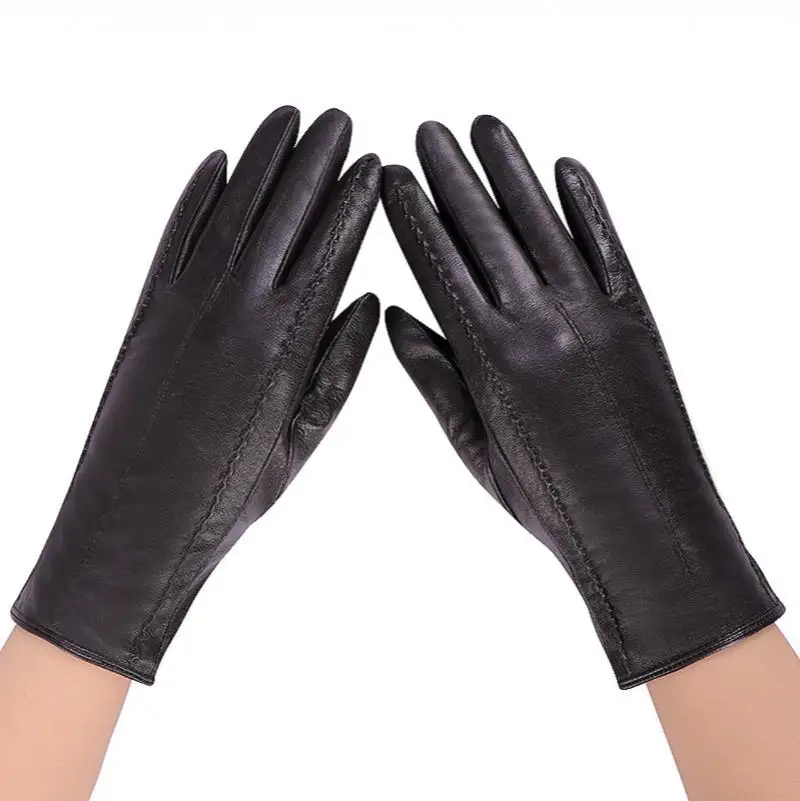 New Fashion Autumn and Winter Ladies Leather Gloves Double-Layer Warm and Windproof Cold-Proof Outdoor Cycling Driving Gloves