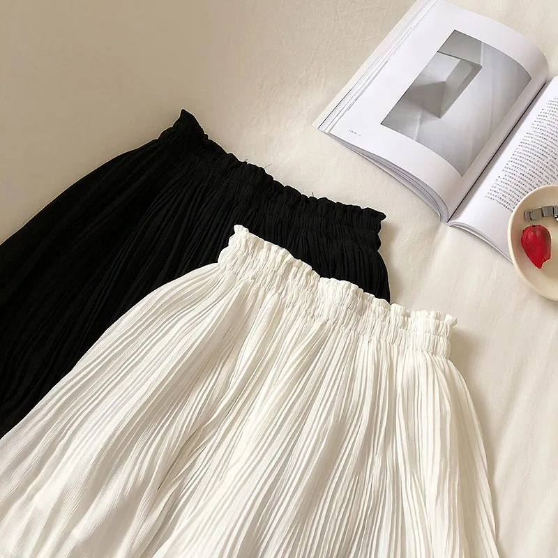 Solid Chiffon Summer Shorts Skirt Women Fashion Korean Elastic Waist Pleated Mini Skirt Casual Beach Faldas Saias