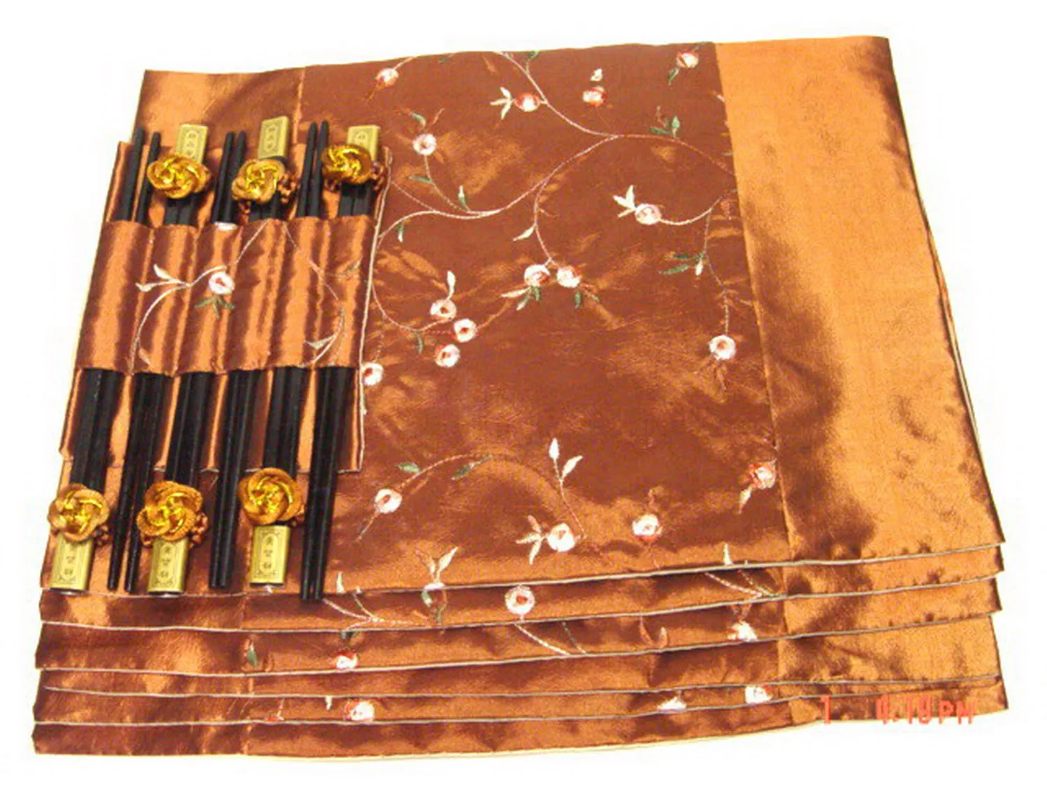 Asian 6 Set Floral Patterns Handmade Dinner Coffee Silk Placemats & Chopsticks