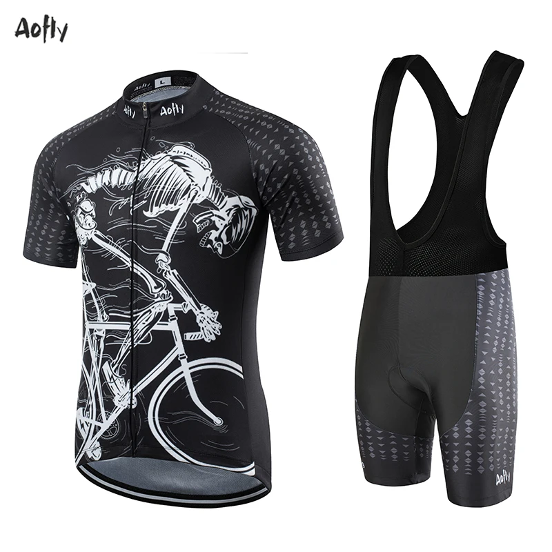 Aofly Team Cycling Jersey MTB Cycling Shorts Maillot Culotte Ciclismo Hombre Sleeve Tight Skeleton Pattern Man Bike Equipment