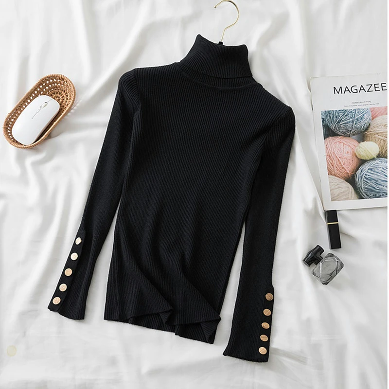 2024 autumn winter women thick sweater pullovers long sleeve button Turtleneck chic Sweater Female Slim knit soft jumper tops