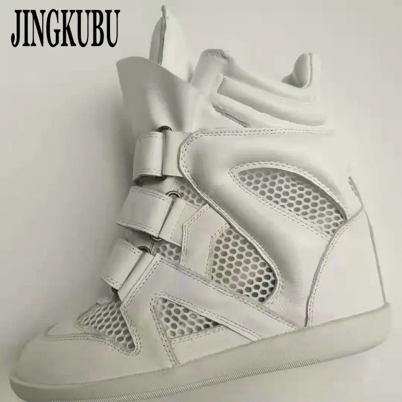 

JINGKUBU Genuine Leather Casual Shoes Women's 2021 Summer Breathable Hollow Hidden Wedges Sneakers Hook Loop Trainers High Top