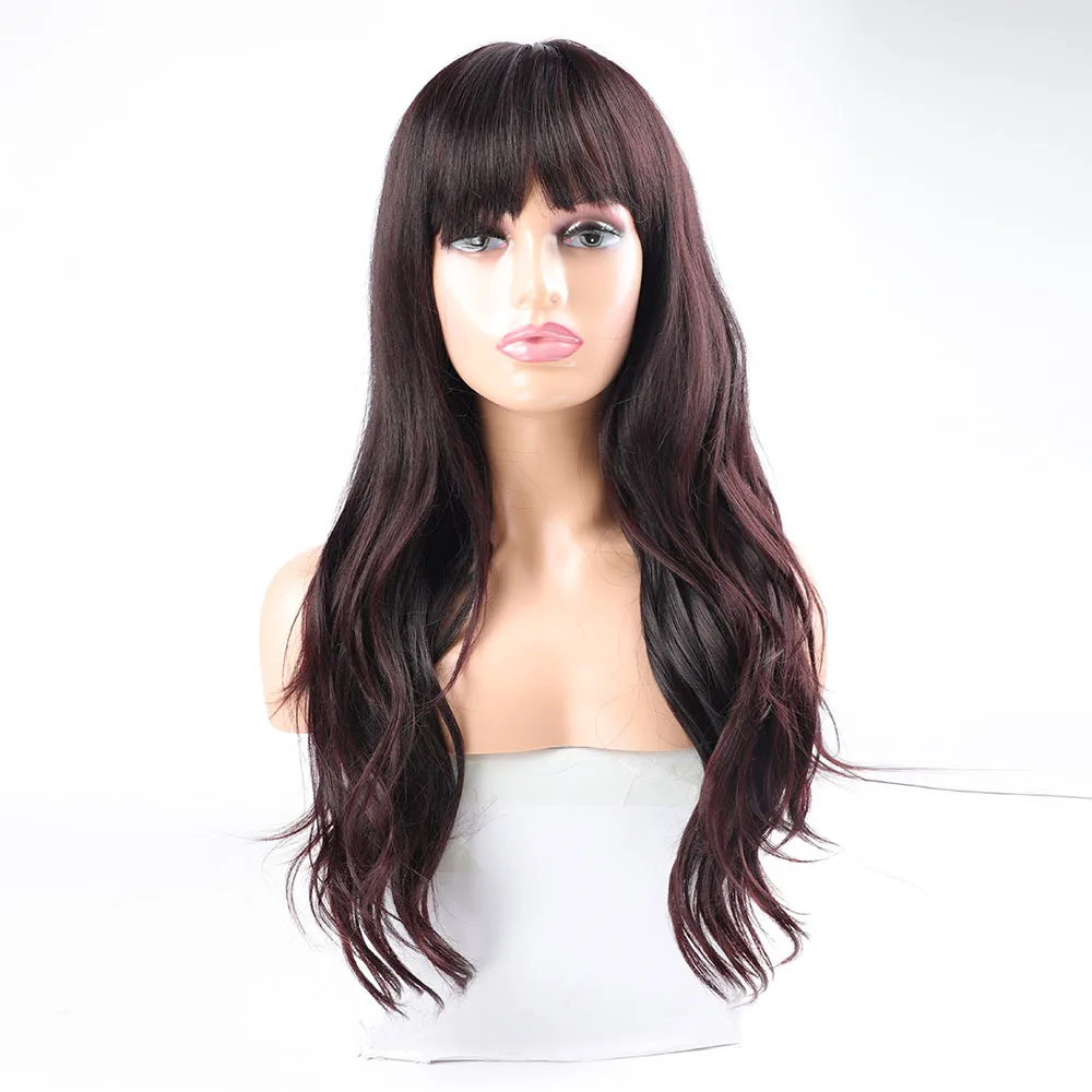 Ombre Color Synthetic Cosplay Wigs for Women Long Wavy Synthetic Hair Heat Resistant Middle Part Highlight Wigs with Bangs