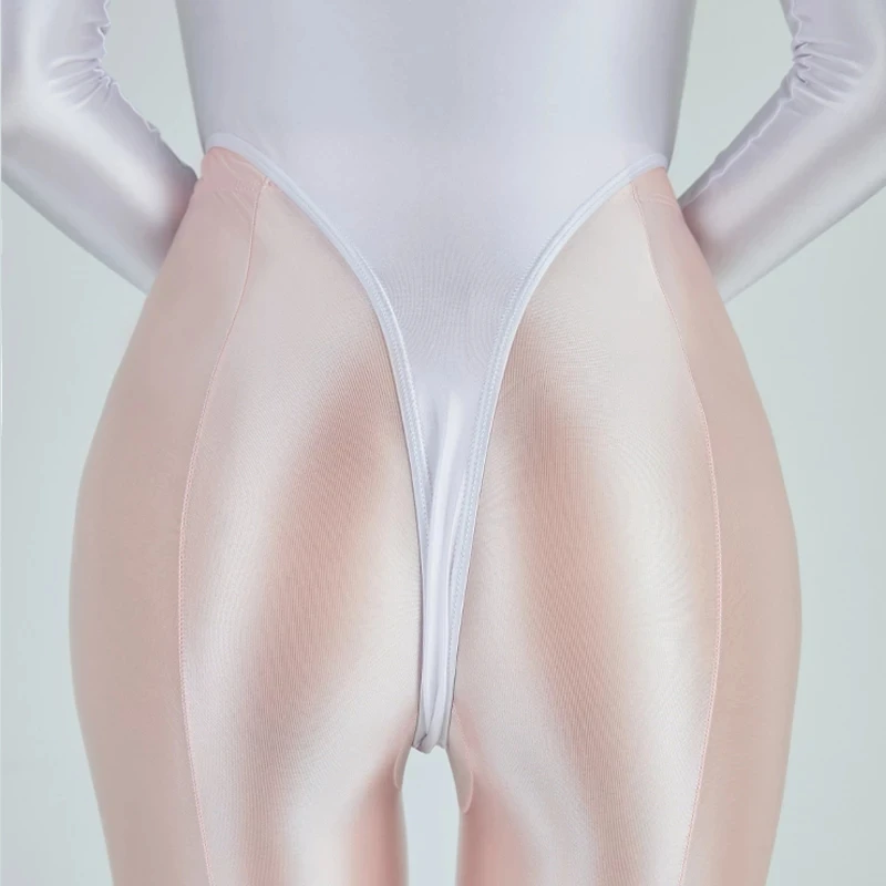 Japan One piece T-shaped swimsuit women's sexy tight gloss high fork long sleeve Tight Elasticity Silky zipper Fitness clothes