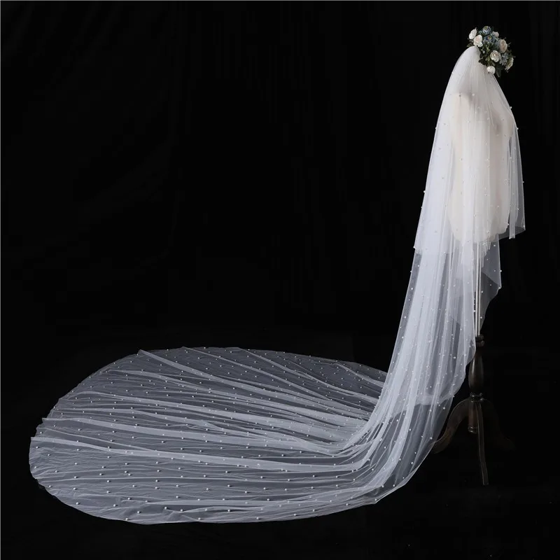 New Arrival Two Layers Wedding Veils with Comb Welon ivory Pearls Beaded Long Bridal Veil Tocado de novia schleier