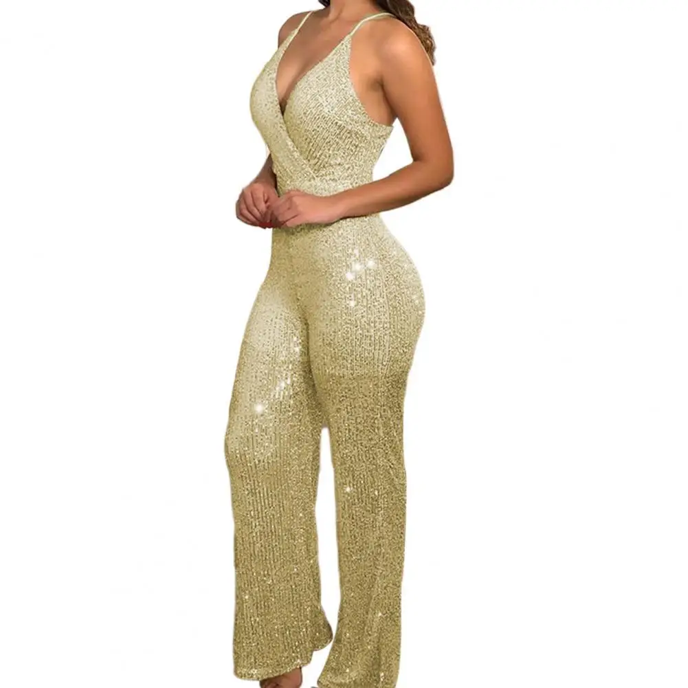 Women Sexy Jumpsuit Sequined Spaghetti Strap Summer Glitter Shiny Backless V Neck Off Shoulder One-piece Jumpsuit for Dating