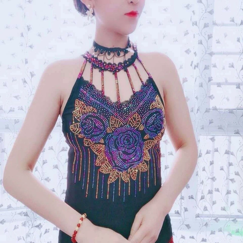 Bling Rhinestone Vest Rose Flowers Pattern Female High Elastic Halter Cotton Sexy Colorful Decorative All-Match Sling Vest