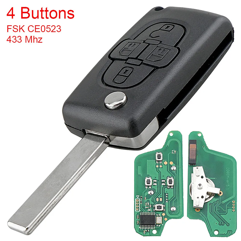 FSK 433Mhz 4 Buttons Flip Folding Remote Key Fob Control with  ID46 Chip and HU83 Blade CE0523  Fit for Peugeot 1007 Citroen C8