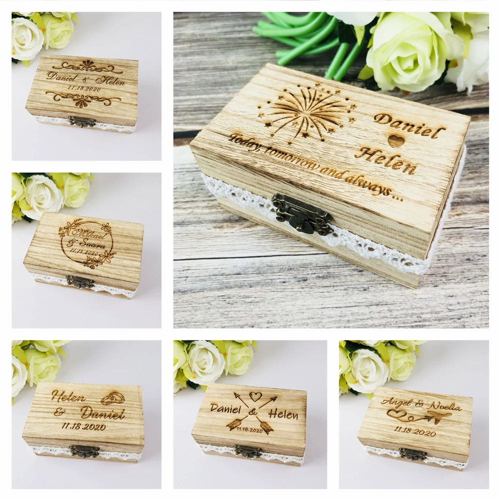 木製の結婚指輪ボックス,名と日付が刻印された素朴なパーソナライズされたリングホルダー,お土産収納ケース,カップルへのギフト