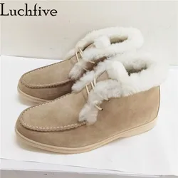 Top-level Comfort Winter Ankle Boots for Woman Real Wool Lace up Snow Boots Nude Grey Suede Leather Warm Fur Boots Woman