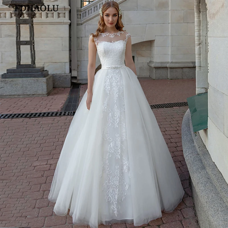 

FDHAOLU FU225 Modest O-neck A-line Wedding Gowns 2021 Sweep Train Appliques Beadings Tulle Sleeveless Bridal Dresses Custom Made