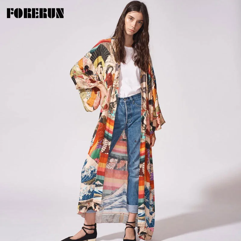 Forerun ボヘミアンドレス女性ビーチカバーアップ夏ロングマキシラッププリントビキニカバーアップビーチウェア vestidos デプラヤボルサ