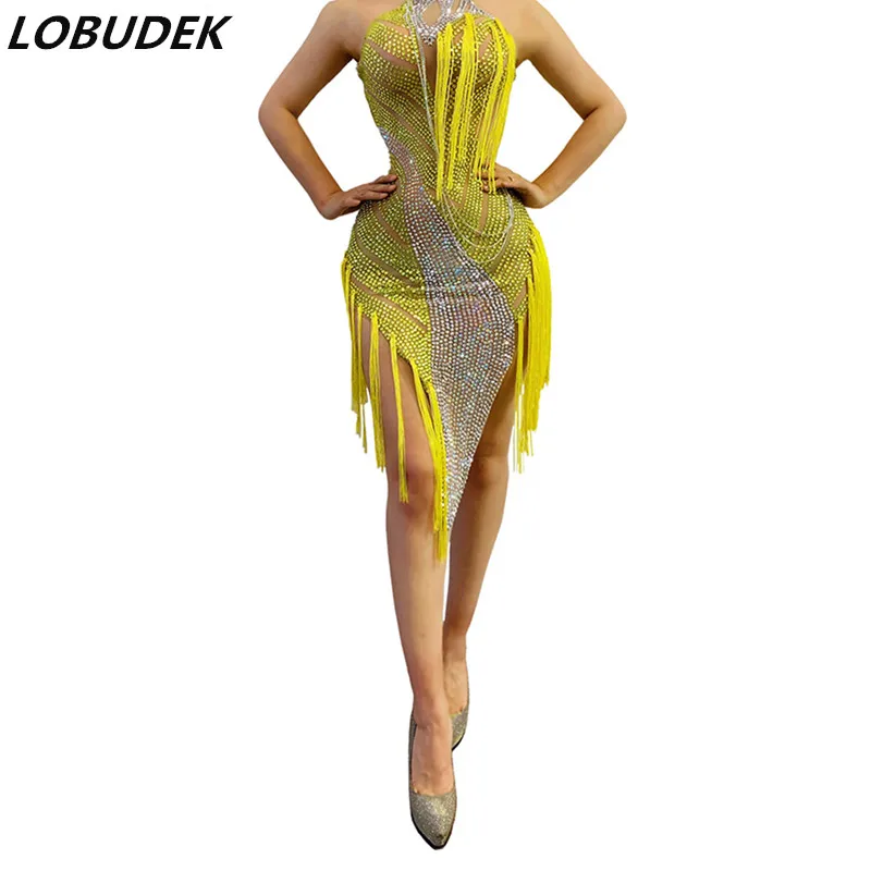 

Yellow Tassel Rhinestones Dress Adult Modern Latin Pole Dance Costume DJ Women Singer Dancer Stage Competition Show Sexy Costume