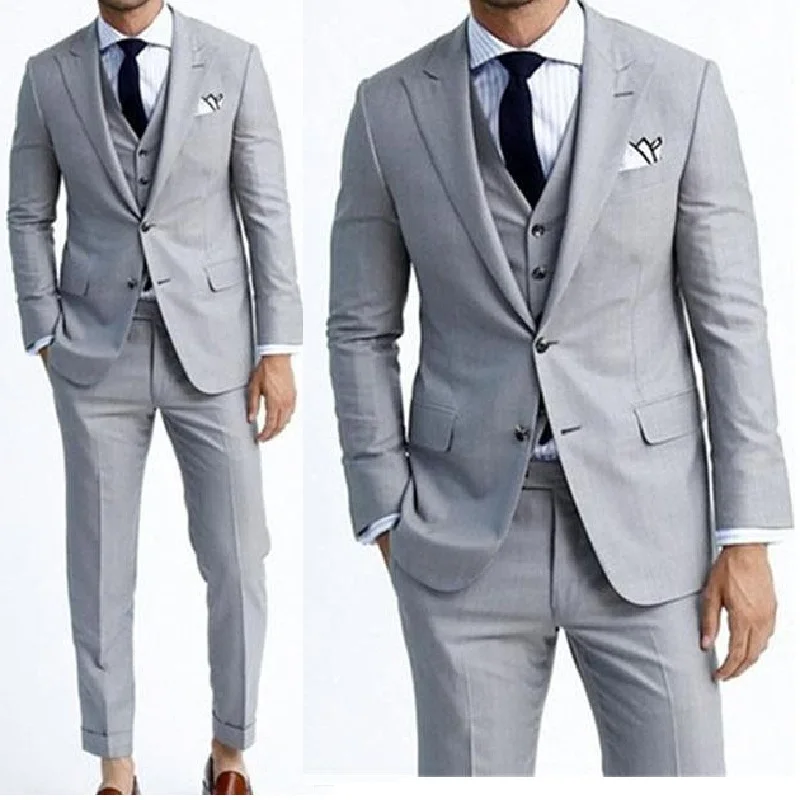 

Grey Men Suits Wedding Groom Tuxedos Groomsmen Suit Prom Wear One Button Three-Pieces Best Man Blazers Slim Fit Jacket Pant Vest