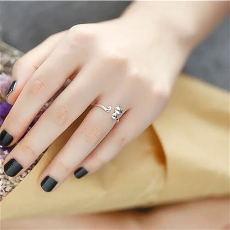 925 Sterling Silver Jewelry Hot Popular New Fashion Korean Small Fresh Cute Cat Animal Opening Simple Rings    R004