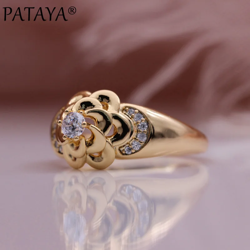 PATAYA New Metal Flower Earrings Ring Set 585 Rose Gold Color Wedding Creative Fashion Jewelry Natural Zircon Unusual Women Sets