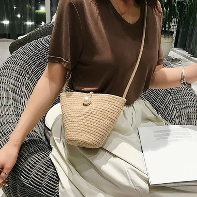 

Luxury Designer Pearl Dumpling Bag Crossbody Shell Straw Bag Cotton Woven Beach Bag Mini Bag Handbags