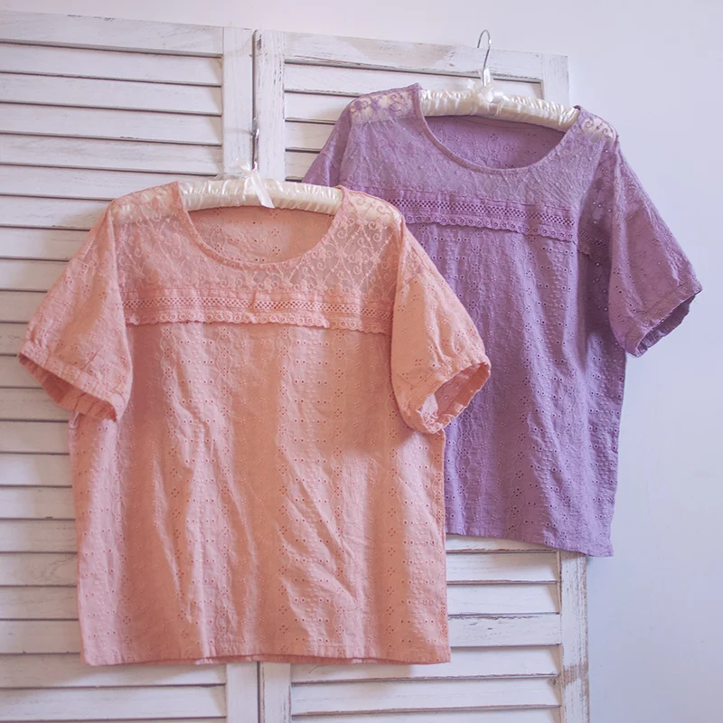 TIYIHAILEY Free Shipping 2020 Summer New Cotton Tops For Women Short Sleeve O-neck Embroidery Tees Thin Soft White Japan Style