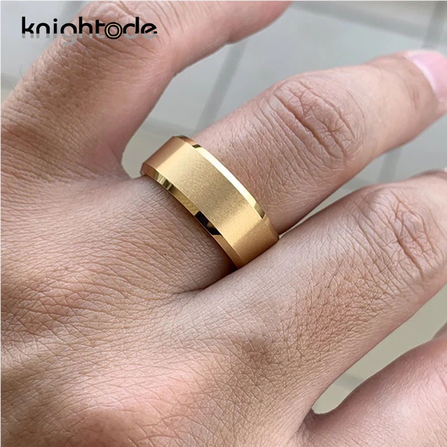 6mm 8mm Gold Color Tungsten Carbide Engagement Rings for Men Women Wedding Bands Beveled Edges Matted Finish Comfort Fit