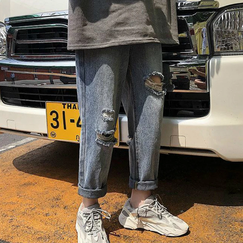 Jeans Pria Celana Panjang Lubang Lurus Denim Harajuku Chic Solid Celana Panjang Pria Gaya Korea Santai Streetwear BF All-Match In Longgar Remaja