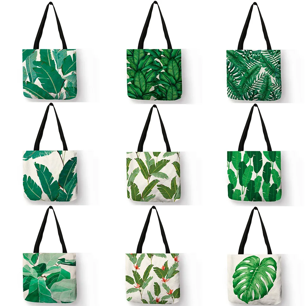 Super Fresh Style Women Lady Casual Shoulder Bag Tropical Green Plant Leaf Painting Handbag Daily Easy Carry Folding Linen Totes