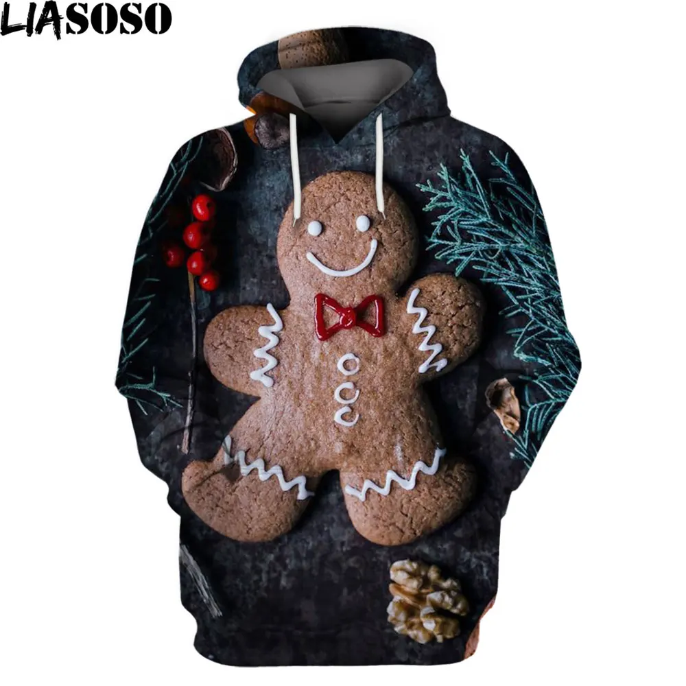 LIASOSO Christmas 3D Men's Hoodies Sweatshirt Pullover Print Gingerbread Man Casual Harajuku Top Women Loose Oversized Clothing