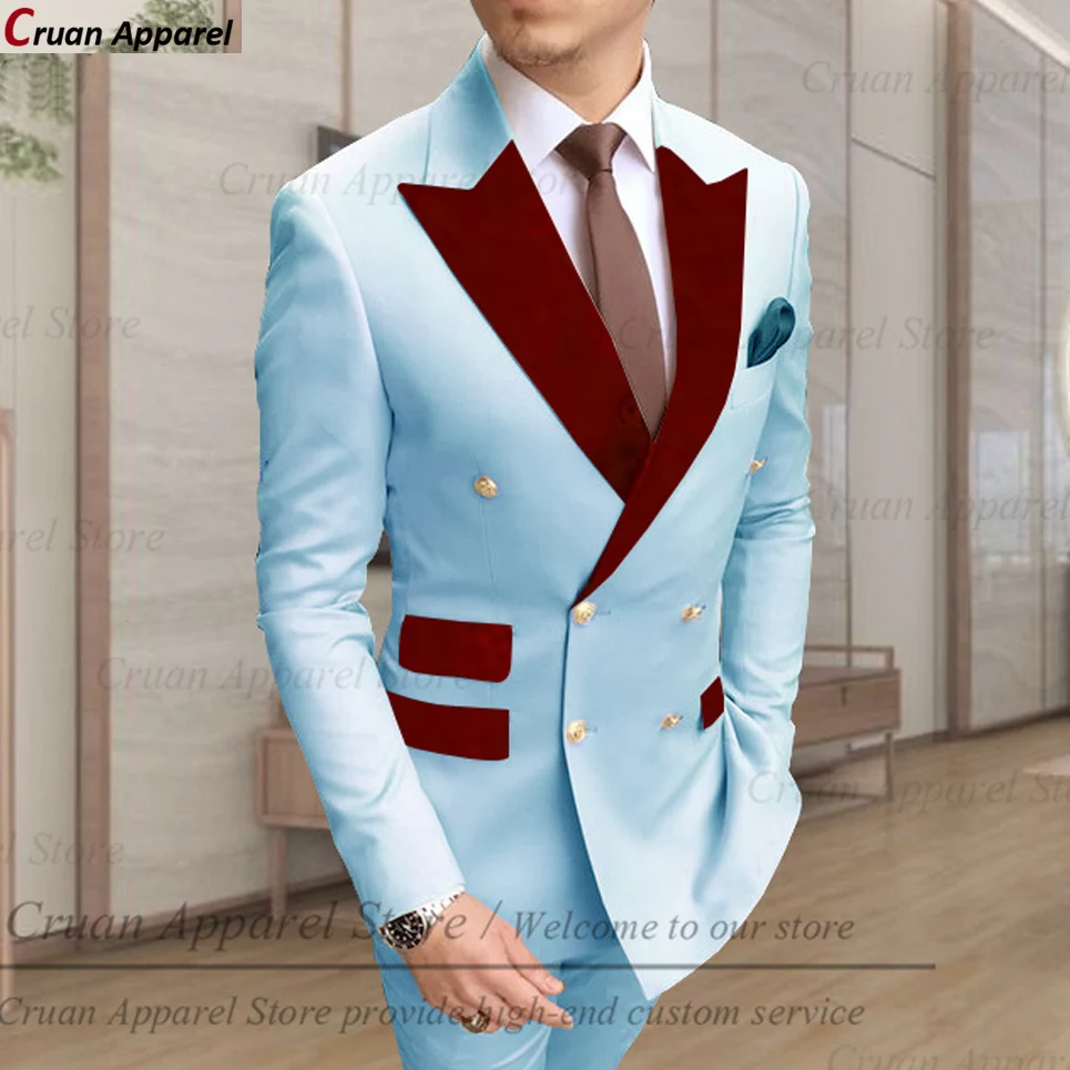 Latest Designs Beige Men Suits 2Pcs Slim Fit Formal Wedding Groomsmen Groom Tuxedo Wine Red Velvet Lapel Blazer With Pants Set