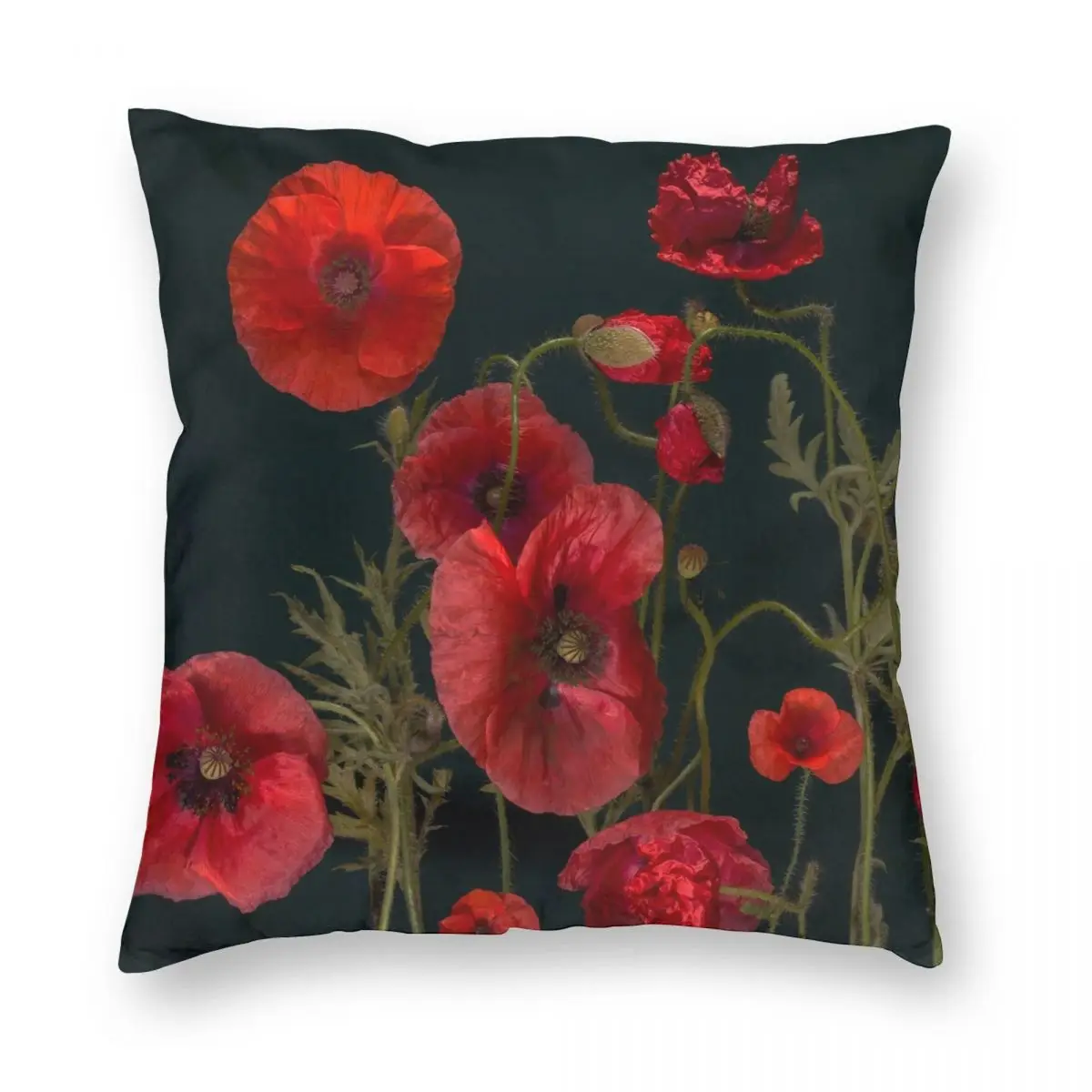 Red Poppies On Black Square Pillowcase Polyester Linen Velvet Creative Zip Decor Throw Pillow Case Home Cushion Cover