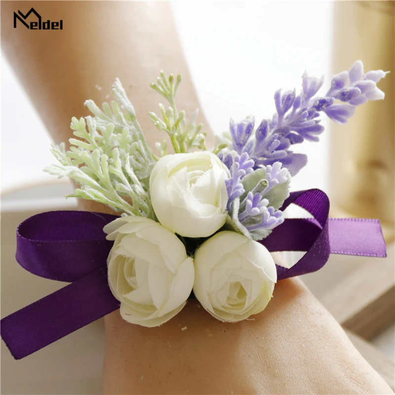 Rose Lavender Wrist Corsage com Buttonhole para homens, Wedding Boutonniere, Purple Ribbon, Bracelet Bridesmaid com flores, Suit Acessórios