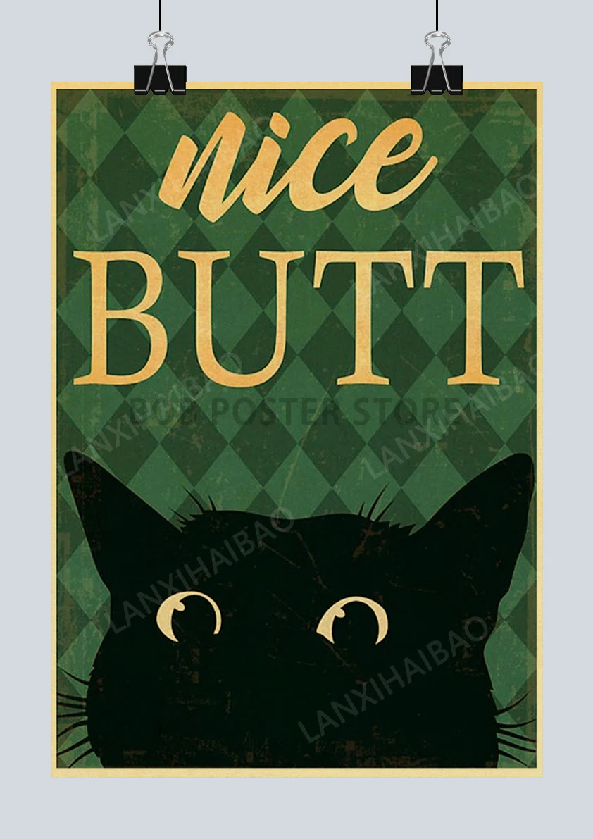 Cute Retro Mystery Black Cat Kraft Paper Poster Funny Butt Paper Bathroom Study Bar Cafe Art Collection Decorative Wall Sticker