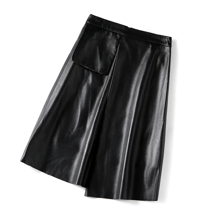 

Quality High Womens New Genuine Leather High Waist Skirt Office Lady Pockets Zippers Knee Length A-line Sheepskin Fashion Skirt