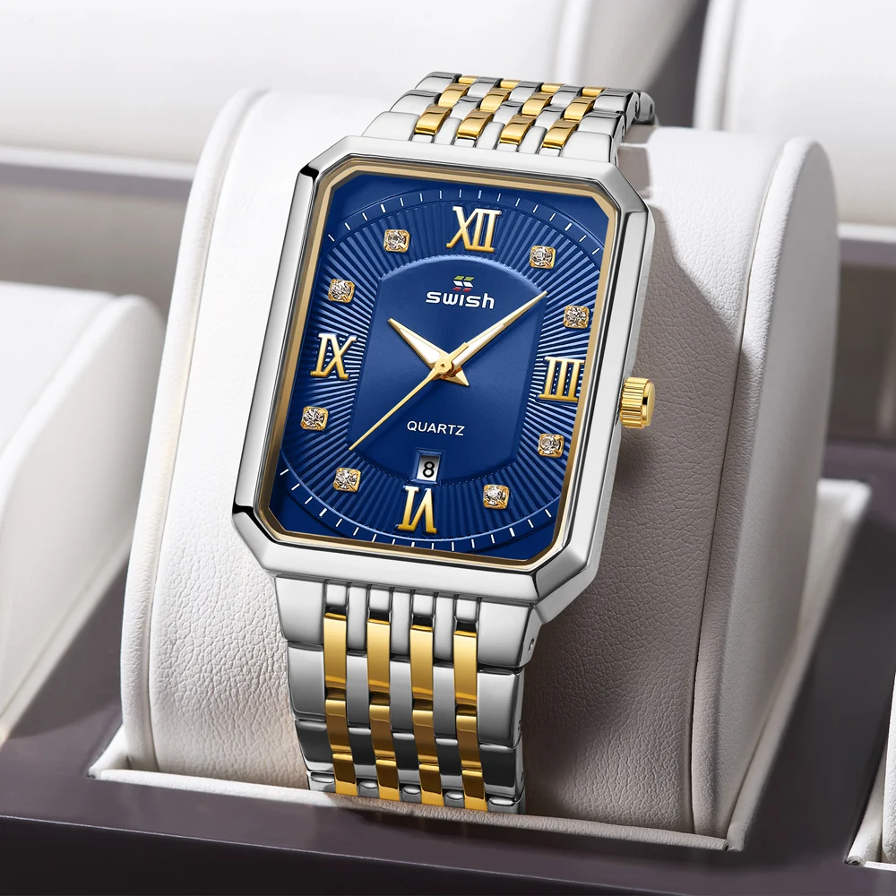 SWISH Business Simple Relogio Masculino Quartz Men Watch Male Blue Rectangle Two Tone Gold Case Roman Numbers Gift Box Date