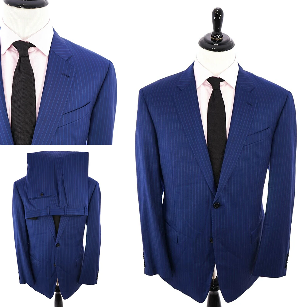 Mens Suits 2020 Knappe Twee-Knop Krijtstreep Blauw Bruidegom Pak Custom Made Slim Fit 2 Stuks Set Bruiloft Smoking beste Man Jas