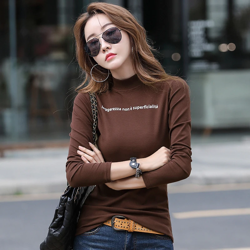 

shintimes Letter Print Half Turtleneck T Shirt Women Korean 2020 Fall Womens Long Sleeve Tops T-Shirt Woman Cotton TShirt Femme